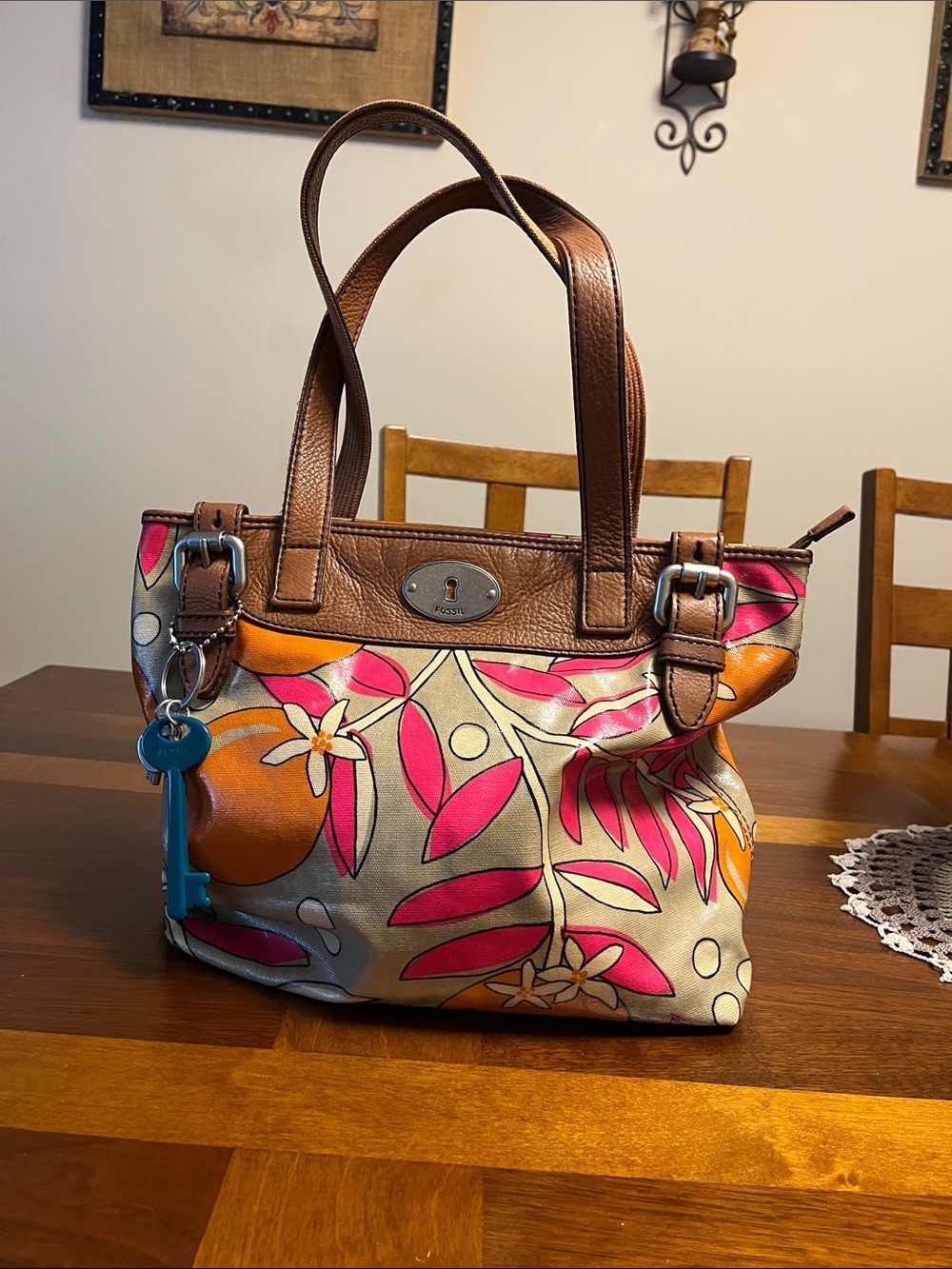 FOSSIL Brown Leather-Trim Floral Tote Bag with Pink & Orange Accents